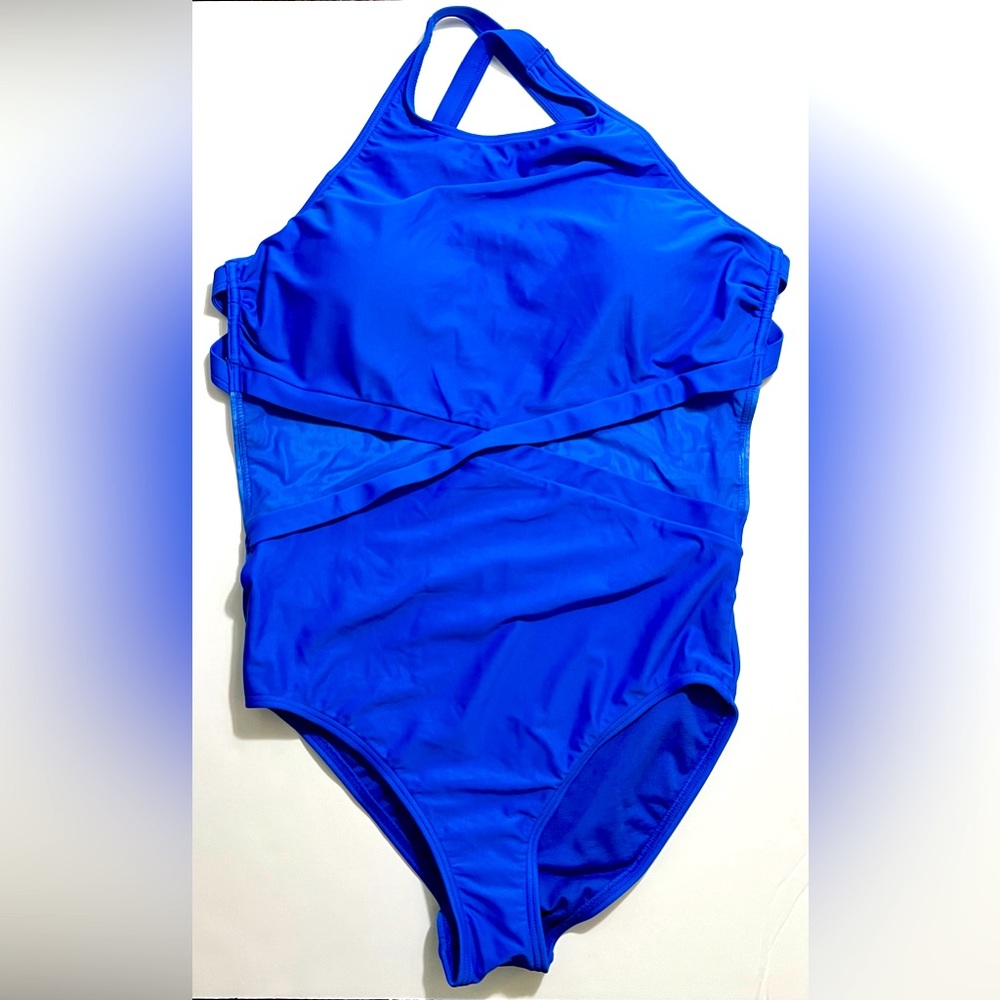 Halter open back one piece swimsuit with mesh